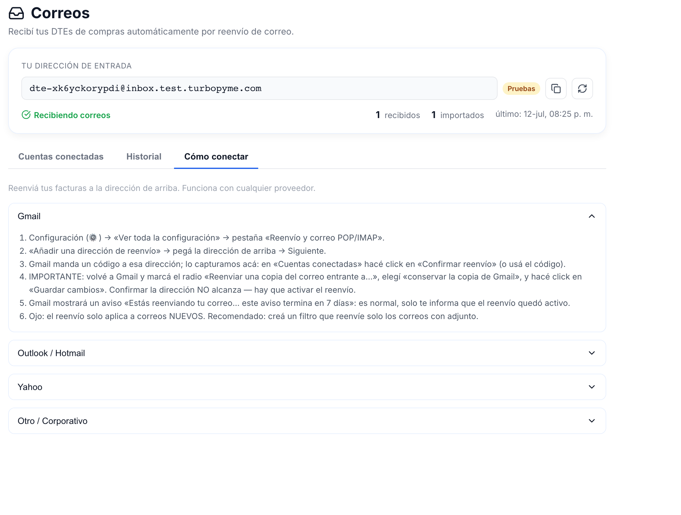 Pestaña «Cómo conectar» con la guía paso a paso para Gmail dentro de TurboPyme.