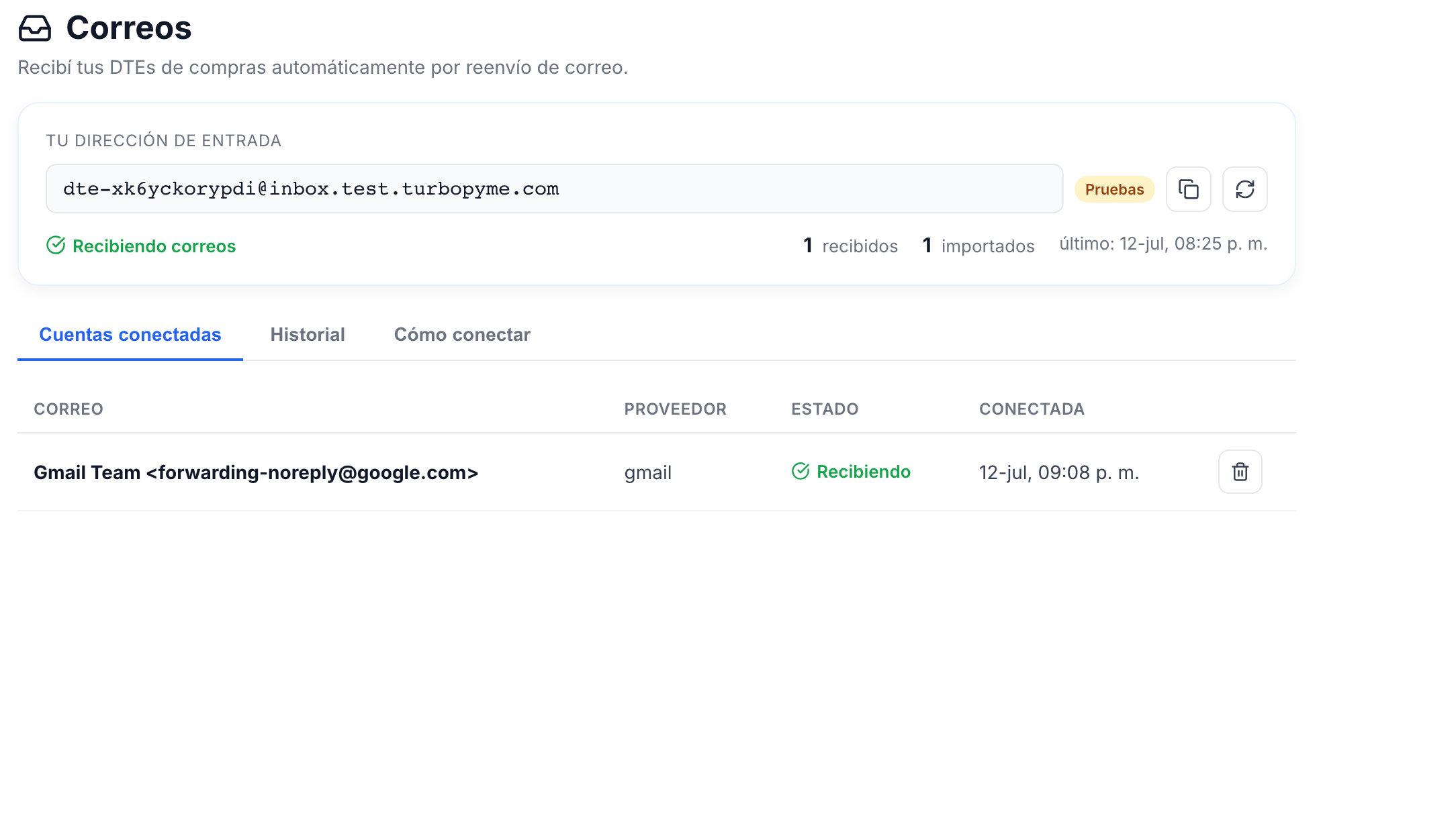 Pantalla Correos de TurboPyme: dirección de entrada, estado «Recibiendo correos» y cuenta conectada.